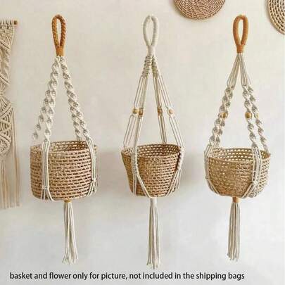 Bộ 1/3 giỏ treo cây đan thủ công, giỏ trồng cây treo trong nhà với hạt gỗ, giá đỡ chậu cây trang trí có tua rua, không bao gồm giỏ, trang trí phòng, trang trí phòng ngủ, trang trí nhà cửa, trang trí tường.