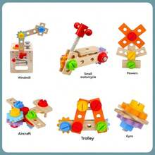 儿童角色扮演修理工具箱，适合幼儿园早期教育，包含螺丝拧紧工具、螺母组装工具和积木。 - 彩色 - 查看 11