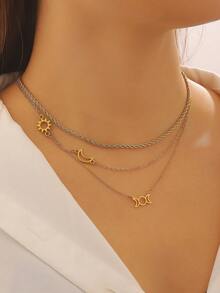 1 Set de 3 Collares de Acero Inoxidable, Diseño Elegante y Minimalista de Sol y Luna Hueco, Casual y Elegante Adecuado para Uso Diario de Mujeres, Fiestas y Como Regalo - Amarillo Oro - Ver 5