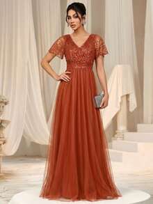 EVERPRETTY 优雅迷人的女士晚礼服，V领闪亮橘色正式礼服，适合舞会、盛会、正式活动、半正式场合和派对。 - 亮橙色 - 查看 6