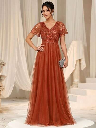 EVERPRETTY Elegant And Charming Women's Evening Gown, V-Neck Sparkling Tangerine Formal Dress, Suitable For Balls, Galas, Formal Events, Semi-Formal Occasions