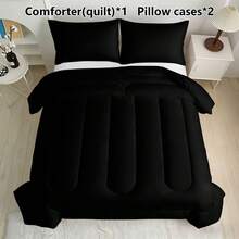 3pcs Set, Solid Black No Pattern, All Season Cotton Quilt (1pc 200g Filled Quilt + 2pcs Pillowcases, Excluding Pillow Inserts), Soft Comfortable Breathable, Digital Printing, Suitable For Bedroom And Dormitory. Bedding Set. - Multicolor - View 11