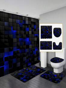4pcs Geometric Square Pattern Shower Curtain Set, Shower Curtain With 12 Hooks, Non-Slip Bath Mat, U-Shaped Toilet Mat, Toilet Mat, Bathroom Decoration Accessories - A - View 21
