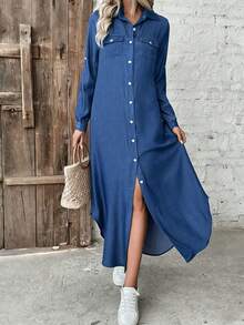 Loose-Fitting Shirt Dress With Button-Down Shirt And Pockets, Featuring A Print. - Blue - View 7