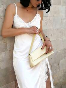 French Vintage Satin & Lace Patchwork Dress, Slit Asymmetrical Backless Solid Color Vacation Dress - White - View 5