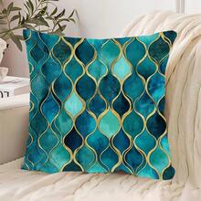 [Geometric Pillow Cover] Deep Teal Blue-Golden Geometric Pillow Cover 1pc 18x18 Inch, Soft Polyester, Zipper Closure, Machine Washable, Contemporary Style For Home, Office, Living Room, Car Decor (Cover Only) - 1PC - View 8