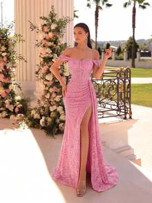 ADYCE Đầm maxi trễ vai, họa tiết xương cá, cạp cao, xẻ tà cao, đính sequin thanh lịch, thích hợp cho dạ hội, tiệc sinh nhật, tiệc tối trang trọng, hẹn hò, dạ tiệc, dự đám cưới, các dịp trang trọng, màu hồng xuân. - Hồng - Xem 7