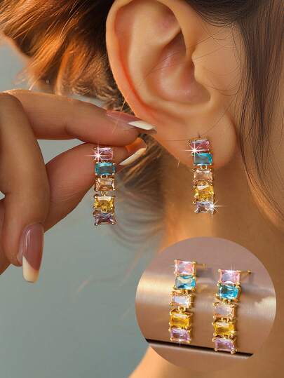 1 Pair Women's Gold-Plated Rainbow Cubic Zirconia Earrings - Delicate Heart-Shaped Black Gemstone And Colorful Cubic Zirconia Inlay Design Multi-Color Earrings