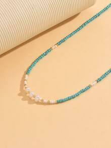 1 pieza Collar de mujer estilo bohemio con decoración de perlas falsas y cuentas de turquesa, joyería de estilo veraniego de playa, regalo para el Día de la Madre - Verde y blanco - Ver 5