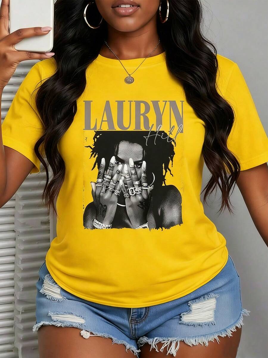 With Ring On Hand - 100% Cotton Women's T-Shirt Lauren Hill Letter Print Y2k Vintage Tee Casual Summer Plus Size Top - Niche Graffiti Prints Shirts - 黃色A - 查看 1