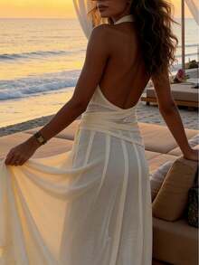 Plameo Elegant Sleeveless Deep V-Neck Dress/Sexy Backless/Knit Fabric/Beach/Vacation/Date/Evening Party - Apricot - View 3