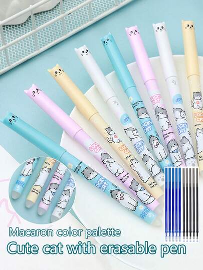 24支装新款猫咪主题可擦笔套装，可爱马卡龙色，0.5mm笔芯，热熔可擦中性笔，适用于考试、作业、学生奖励