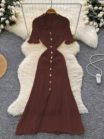 Elegant Casual Women's Knit Dress, Fashion Office Commuter Outfit, Slim Fit Graceful Knit Dress With Lapel, Frill Trim Cuffs, Women's Street Style Clothing, Suitable For Formal Evenings, Parties, Dates, Weddings, Birthdays Summer Spring