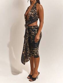 Women's Fashionable Leopard Print Backless Two Pieces Set, Medium Stretch Suitable For Party Wear Summer Elegant Brown - Brown - View 6