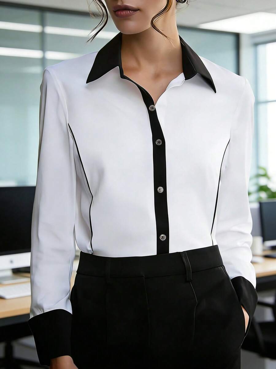 Áo sơ mi nữ thanh lịch màu đen trắng phối tương phản, cổ bẻ, cài cúc phía trước, phù hợp mặc hàng ngày và công sở, áo kiểu trắng duyên dáng cho mùa xuân. - trắng - Xem 1
