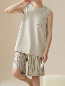 AICJ 2pcs Men Solid Color Casual Loose Minimalist Letter Print Tank Top & Shorts Pajama Set For Spring & Summer - Khaki - View 4