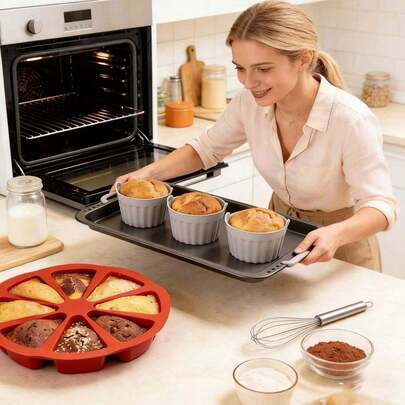 Bộ 2 khuôn bánh chống dính, gồm khuôn tròn và khuôn tam giác bằng silicon. Thích hợp cho lò nướng nhỏ và nồi chiên không dầu mini, tuyệt vời cho việc làm bánh hàng ngày tại nhà cũng như các dịp đặc biệt như Lễ Phục Sinh, Lễ Tạ Ơn, Ngày của Mẹ và Ngày của Cha.