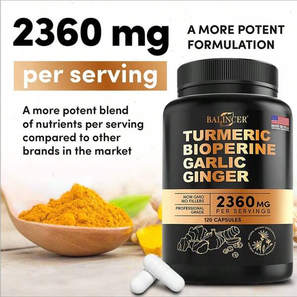 Turmeric Supplement - With Bioperine, Garlic & Ginger - Joint, Heart, Immune Health Supports - 120 Capsules