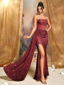 CHOSMO New Style Prom Dresses For Women Sequin Dresses For Women Elegant Dresses For Women Formal Party Maxi Dress Solid Color Shiny Elegant Heavy Wedding - Burgundy - View 2