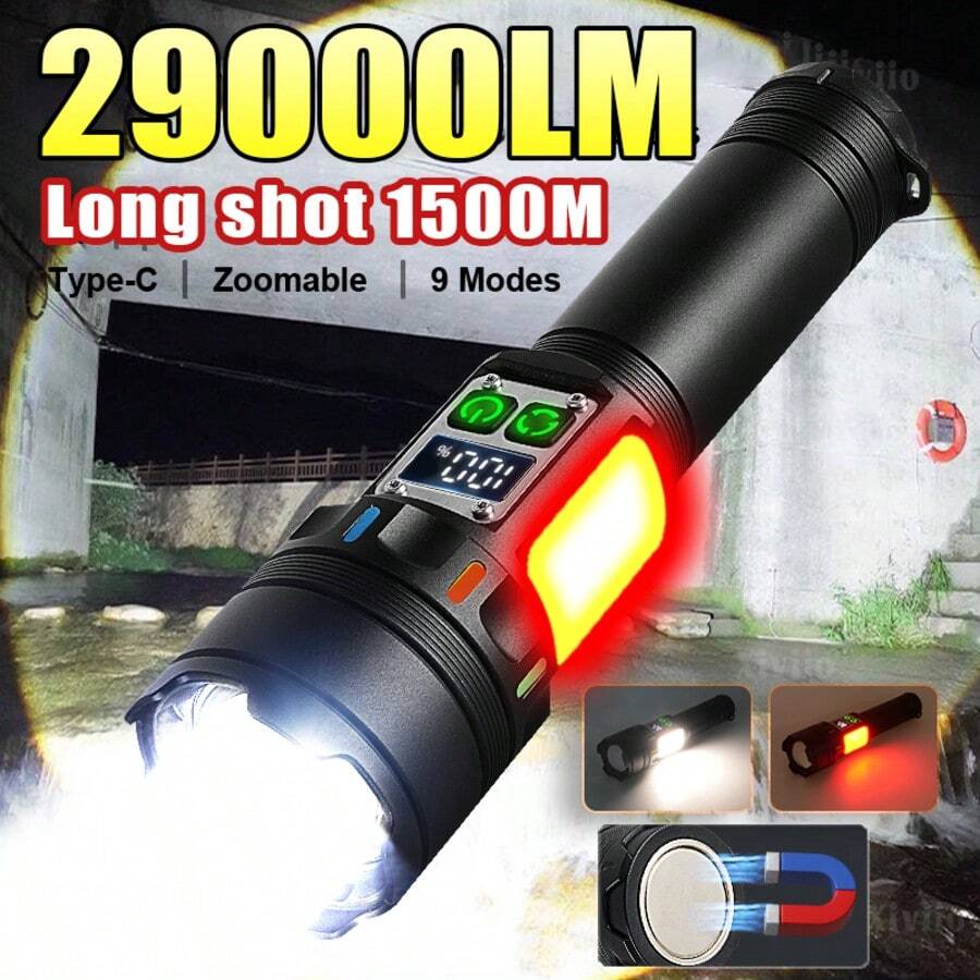 2026 超亮 LED 手电筒 29000LM 高功率手电筒 可充电战术手电筒 远射露营灯