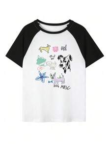 Áo thun nữ tay ngắn cổ tròn raglan phối màu, họa tiết động vật, sao, chó, lợn, chữ, kiểu dáng thường ngày, thích hợp cho mùa xuân/hè. - Đen và trắng - Xem 7