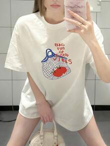 女士圆领短袖T恤，夏季新款番茄图案字母印花，时尚休闲百搭宽松上衣 白色 - 白色 - 查看 8