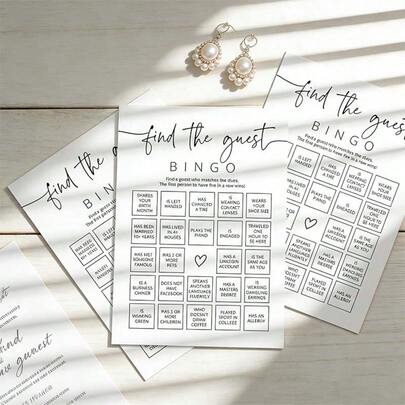 破冰宾果卡，简约黑白纸质宾果卡，包含24个有趣的破冰提示，适用于婚礼、新娘送礼会、订婚派对、婴儿派对、毕业派对和同学聚会。