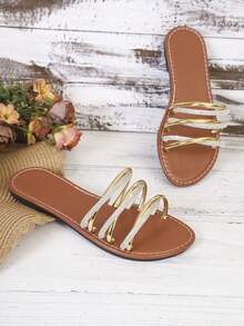 Women's Criss-Cross Rhinestone Decor Contrast Color Slip-On Flat Sandals, Beach Resort Avant-Garde Bohemian Casual Sexy PU Leather Rhinestone Ladies Flat Sandals, Summer - Gold - View 2