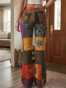 Pantalon évasé à imprimé bohème aléatoire pour préadolescentes, pantalon décontracté vintage hippie à taille élastique, tenue de rue rétro décontractée Y2K - Multicolore - Voir 5