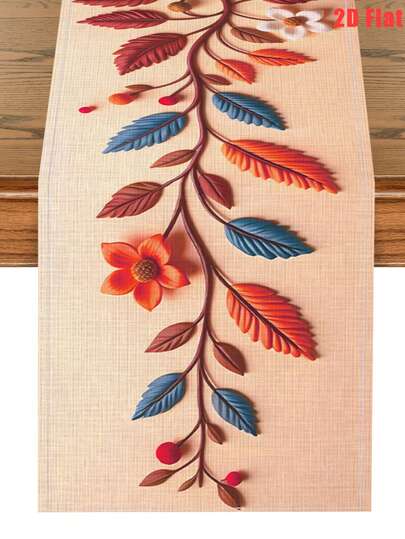 1件装树枝、树叶和花朵图案桌旗，180/120/230*30厘米亚麻桌布，适用于生日、婚礼、新娘送礼会、婴儿派对装饰、室内/室外派对装饰、家居装饰、餐桌装饰、厨房装饰、农舍风格装饰