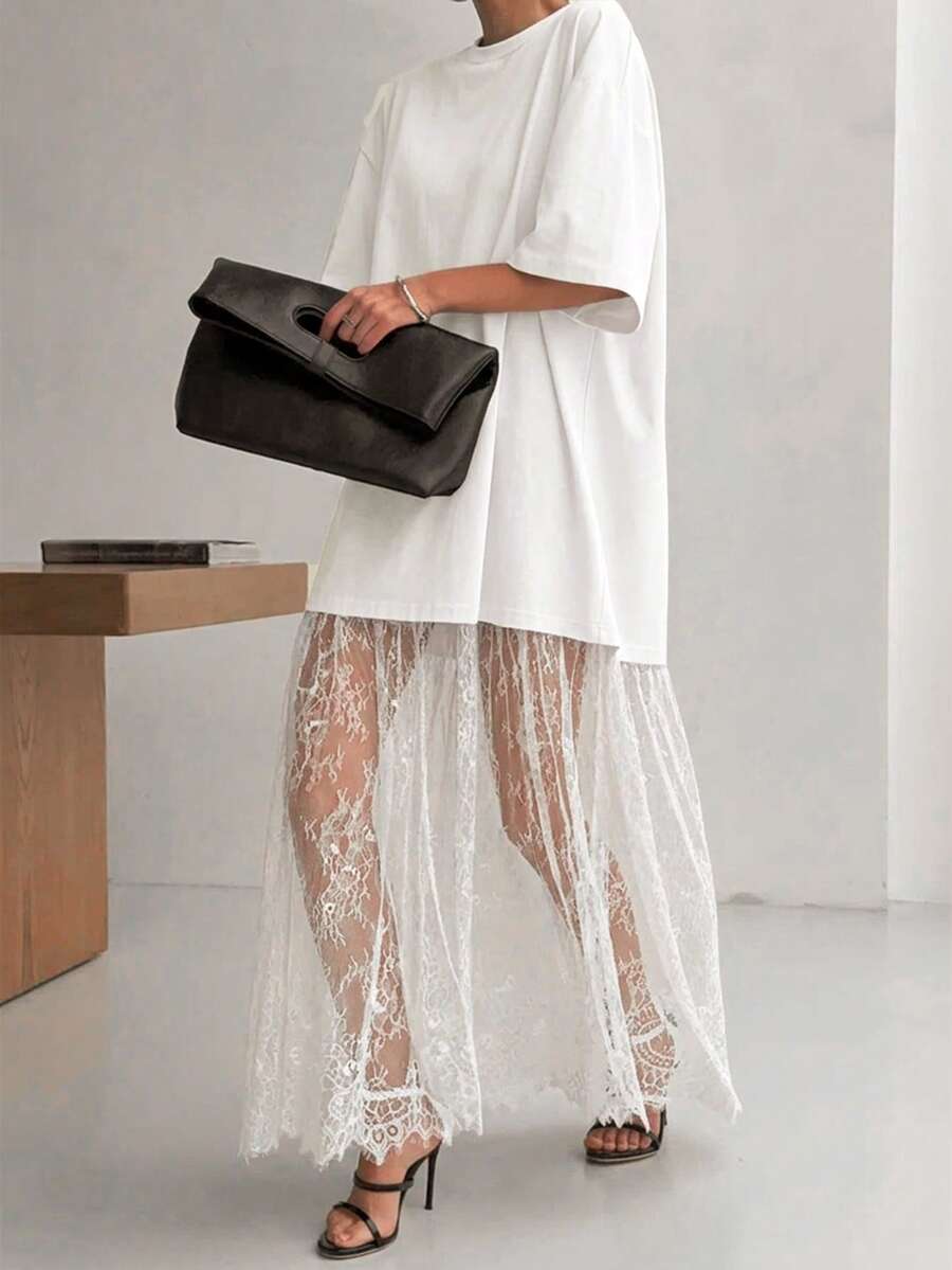 女士休闲蕾丝拼接短袖连衣裙（不含腰带），纯色休闲针织面料蕾丝拼接，适合夏季休闲、办公、约会、机场等场合穿着。裙长和尺寸可通过腰带调节。 - 白色 - 查看 1