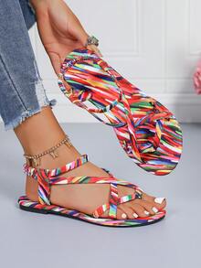 Sandalias planas elegantes para mujer, sandalias deportivas cómodas de estilo bohemio con estampado floral arcoíris para la playa, sandalias planas minimalistas de punta cuadrada de estilo retro para uso casual - colores del arcoíris - Ver 7