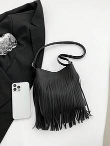 2026冬季新款时尚复古流苏单肩包，简约时尚手提包/斜挎包，女士款 - 黑色 - 查看 3