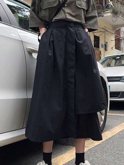 French Fashion Women's New Vacation Style Unique Asymmetric Skirt, Loose Korean Style A-Line High Waist Flared Skirt, Elegant Skirt Black Summer