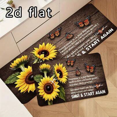 1pc/2pcs/3pcs Sunflower & Butterfly Non-Slip Kitchen Floor Mat, Floral Pattern Kitchen Rug With Butterfly Design, Absorbent Doormat For Kitchen, Bedroom, Laundry Room, Perfect Home Decor And Anti-Slip Protection, Machine Washable, Suitable For Bathroom