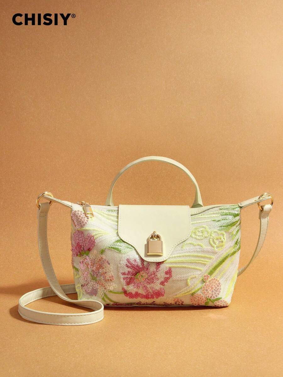 Original White Patchwork Floral Sequin Embroidery Handbag, French Girly Dreamy Tote Bag, 3D Floral Embroidery, Fashionable Commuter Socialite Style, Handheld/Shoulder/Crossbody, Suitable For Gifts, Shopping, Commuting, Parties, All Seasons - White - View 1