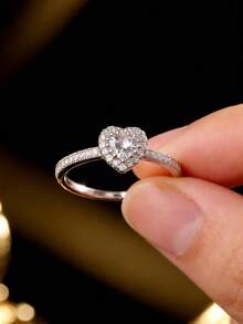 Inel din argint 925 cu diamant în formă de inimă, design brățară complet pavat, bijuterii din argint de nișă de înaltă calitate, inel de logodnă pentru iubită - alb - Vizualizare 4
