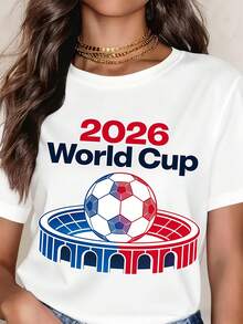 White T Shirt With 2026 World Cup Soccer Ball And Stadium Graphic For Sports Fans And Football Events - trắng - Xem 1