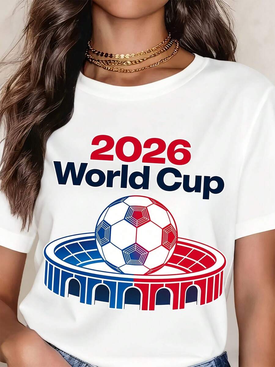 White T Shirt With 2026 World Cup Soccer Ball And Stadium Graphic For Sports Fans And Football Events - trắng - Xem 1