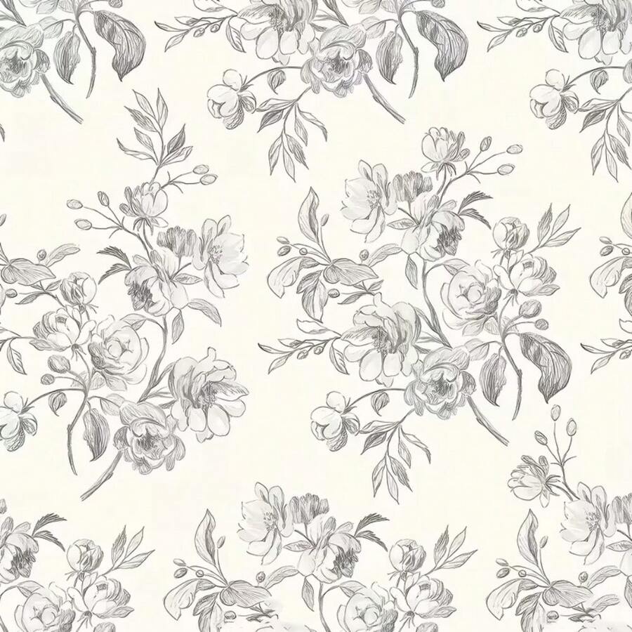 【1卷复古花卉壁纸】1卷复古手绘黑白花卉自粘壁纸，无缝剥离粘贴式，防水防潮墙面保护膜，易于裁剪安装，适用于客厅、卧室、壁炉、厨房、玄关等家居装饰，以及橱柜、桌子、梳妆台、衣柜抽屉等室内家具翻新 - 直纹对花可移除壁纸 - 1PC - 查看 1