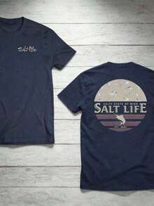 The "Salt Life" T-Shirt, Featuring A Print Of Near-Shore Fish, Is Ideal For Ocean Lovers And Beach Adventurers. Print Y2K Crew Neck T Shirt For Women, Holiday, Vacation, Spring, Festival,Graphic Tees,Vintage T Shirts,Free Shipping,100% Cotton - 藏蓝色 - 查看 1