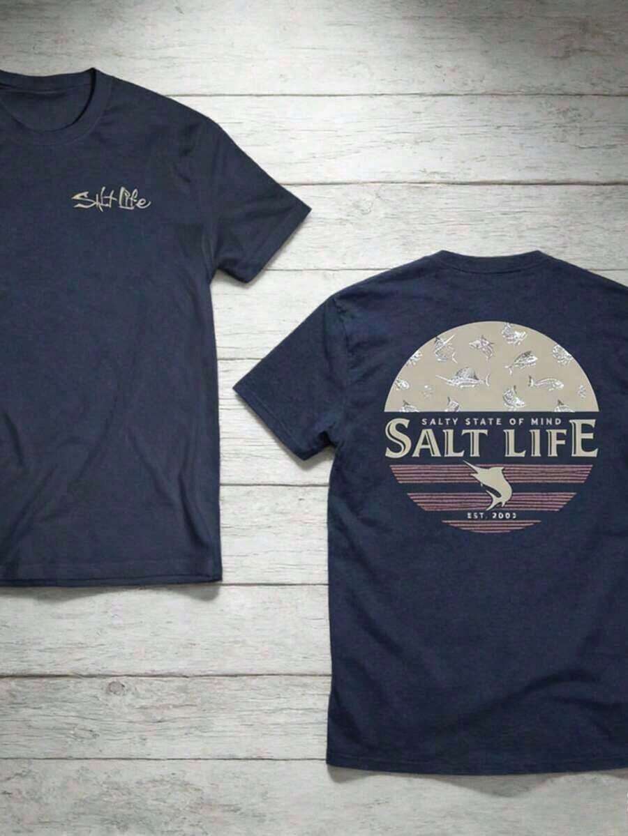 The "Salt Life" T-Shirt, Featuring A Print Of Near-Shore Fish, Is Ideal For Ocean Lovers And Beach Adventurers. Print Y2K Crew Neck T Shirt For Women, Holiday, Vacation, Spring, Festival,Graphic Tees,Vintage T Shirts,Free Shipping,100% Cotton - 藏蓝色 - 查看 1