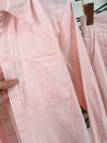 Linen Shirt And Shorts Set (2 Pieces) - Pink With Pockets - View 3