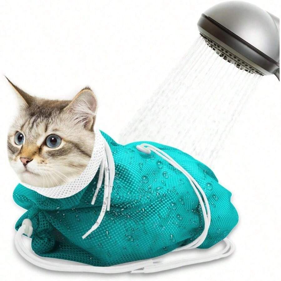 Bolsa de baño para gatos, bolsa de ducha de malla transpirable para gatos anti-arañazos ajustable para recorte de uñas, bolsa de lavado suave de poliéster - Blanco-Verde - Ver 1