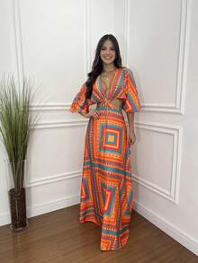 Elegant Women's Maxi Dress With V-Neck, Beach Vacation Dress. - 橘色 - 查看 1