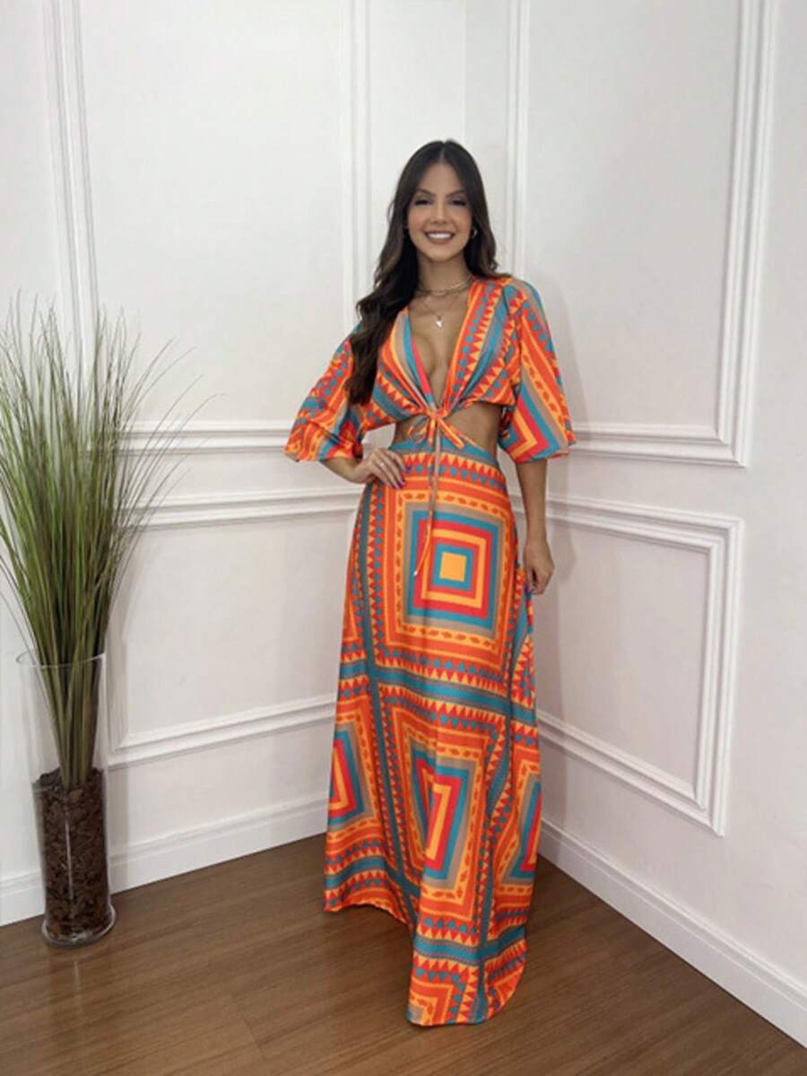 Elegant Women's Maxi Dress With V-Neck, Beach Vacation Dress. - 橘色 - 查看 1