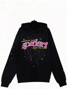 Autumn/Winter Streetwear Hip Hoodie With Spiderweb Print, Fashionable Sporty Hoodie - 黑色 - 查看 2