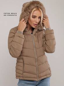 Women's Fleece Jacket, Autumn/Winter Chic Coat, Puffed Sleeve, Removable Hood, Faux Fur - 棕色 - 查看 2