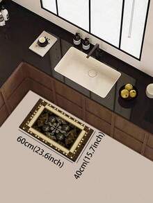 1pc Silica Gel Kitchen Mat, Faux Marble Texture With Decorative Patterned Border. The Mat Body Presents A Marble-Like Cracked Effect In A Predominantly Brown Tone, Complemented By Golden Texture; The Edges Feature A Golden And Patterned Black Border. - متعدد الألوان - مشاهدة 7