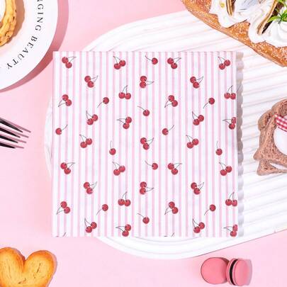 20/40/60张装，樱桃主题派对纸巾，粉色条纹红色樱桃印花一次性饮料餐巾纸，装饰纸巾/手巾，适用于夏季野餐、新娘早午餐、迎婴派对、生日、水果主题派对餐具用品，13*13英寸